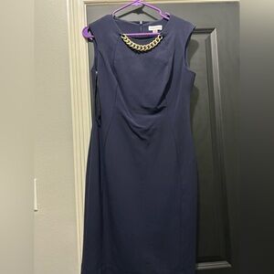 Calvin Klein Blue and Gold Sheath Dress with Cowl Neck